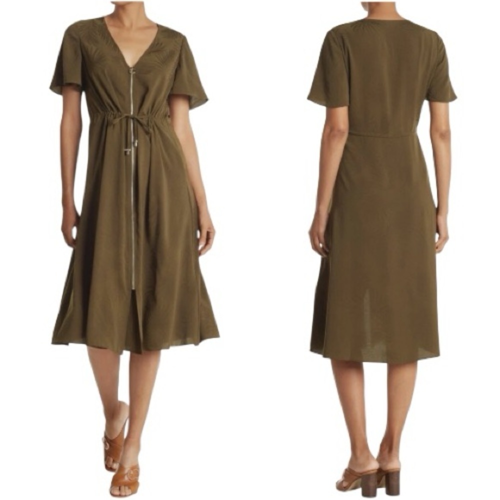 Ted Baker Aiyanna Olive Green Zip Front Midi Dress US Size 4 Palm Print Pockets